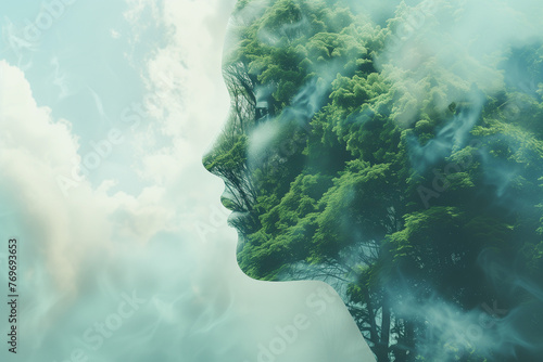 Female Face Filled with Trees: Inner Peace, Mental Health, and People-Nature Connection. © chalani