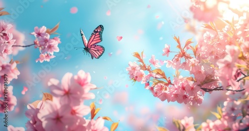 Beautiful pink butterfly and cherry blossom branch in spring on blue sky background, soft focus. Amazing elegant artistic image of spring nature, frame of pink Sakura flowers and butterfly. © inthasone