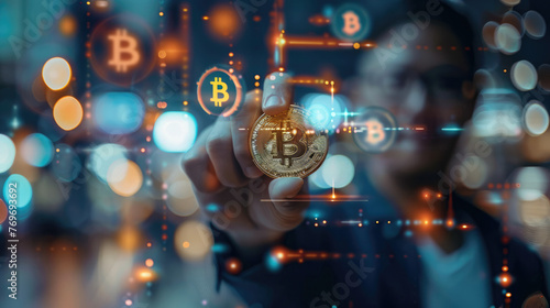 Businessman holding a golden bitcoin on blurred background. Cryptocurrency, blockchain technology, financial concept banner with free place for text