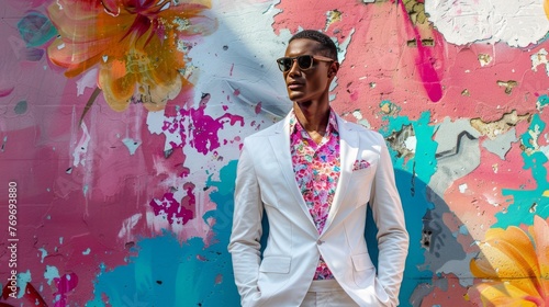 a black man is posing in a floral pink shirt and white suit. He is standing against a pastel-colored retro wall