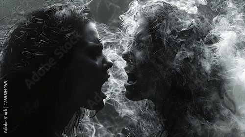 Two silhouetted faces close together with swirling smoke around them  in a black and white artistic composition.