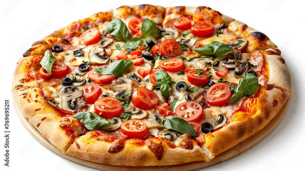 Delicious vegetarian pizza with tomatoes and mushrooms, generative Ai