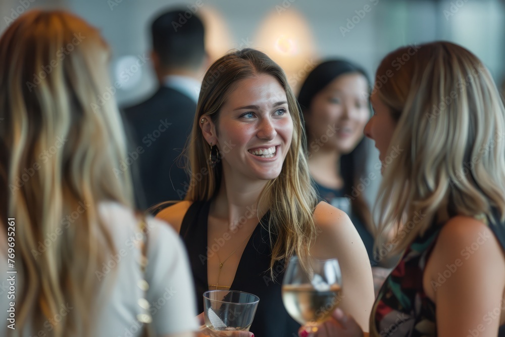Candid Networking Reception, Smiling Woman Enjoying Conversation