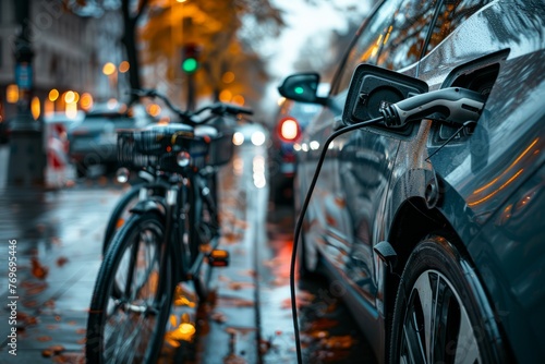 Electric Car Charging on Rainy City Street, Bicycle in Foreground © Ilia Nesolenyi