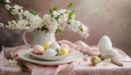 Spring Splendor: Easter Table Setting with Eggs and Blossoms"
