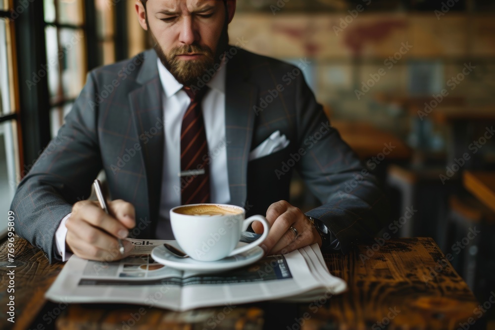 Successful businessman reading morning news while enjoying a cup of coffee in his office Successful businessman reading morning news while enjoying a cup of coffee in his office