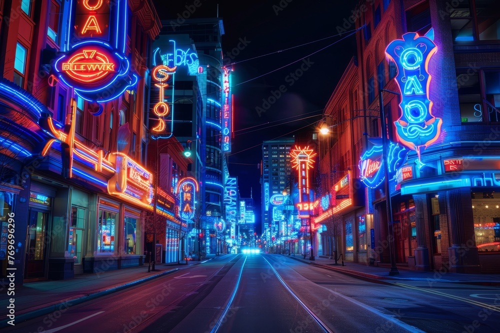 Vibrant Neon Lights on a Rainy City Street