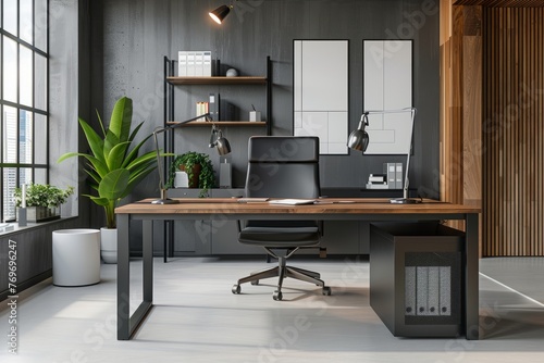 Sleek Corporate Desk with High-Rise Urban Backdrop