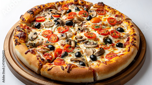 Delicious vegetarian pizza with tomatoes and mushrooms, generative Ai