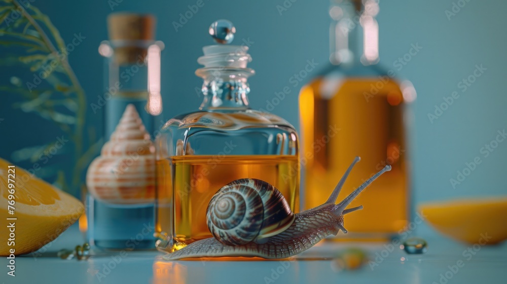 Concept of Snail Mucin or Snail Secretion Filtrate. A snail crawling on a serum glass bottle with a dropper Concept of Snail Mucin or Snail Secretion Filtrate. A snail crawling on a serum glass bottle with a dropper