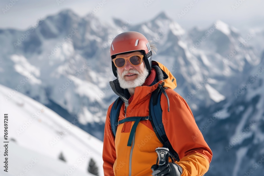 Mature skier with helmet and sunglasses against mountainous backdrop.