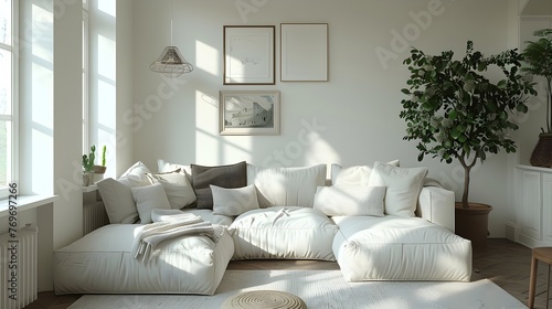 Nordic simple bedroom, white bed, flat background style, HD image, clean and simple design, natural lighting, octane rendering octane, 8k . For design, 3d render, decoration