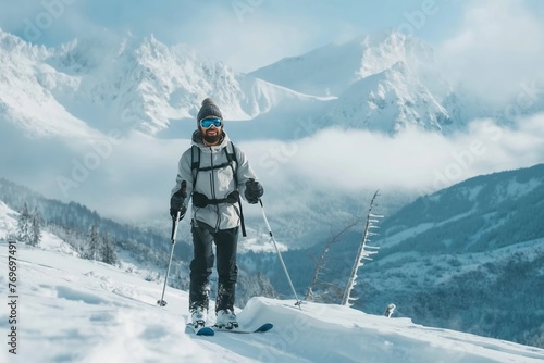 A skier carves through fresh powder with a stunning mountain vista behind. photo