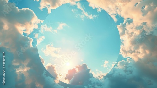 3d render, abstract wallpaper, blue sky with white clouds flying out the round hole. Weather concept, optical illusion. photo