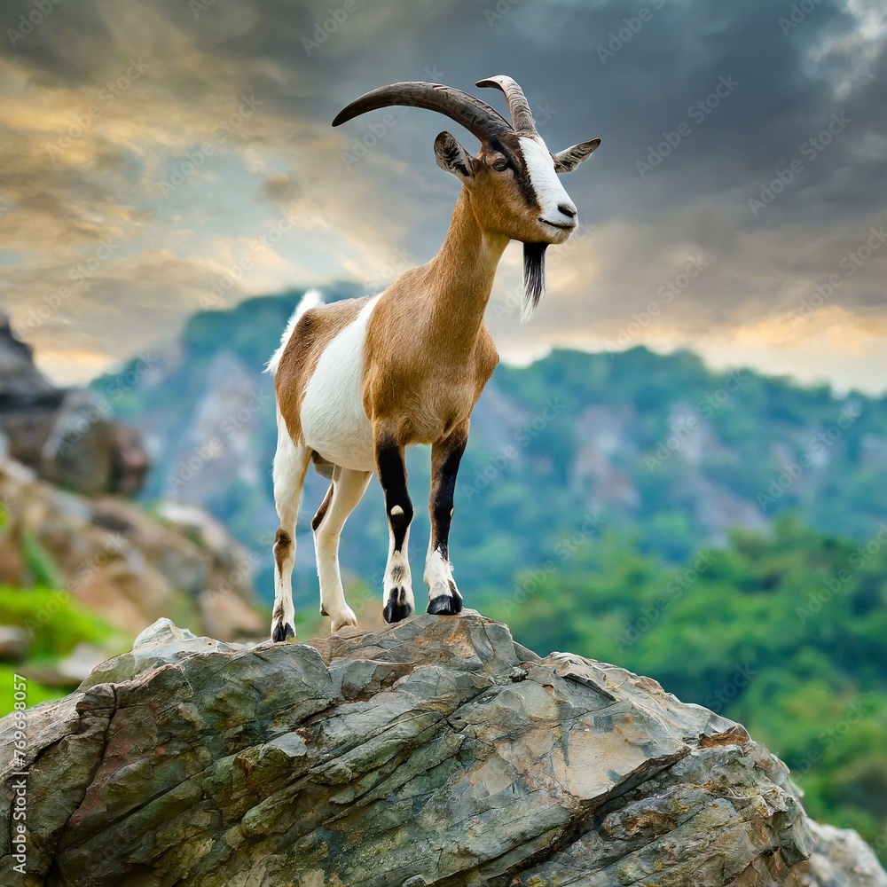 Beautiful screw-horn goat stand on the stone green land mountain - obrazy, fototapety, plakaty 