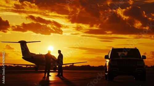 Two silhouetted individuals engage beside a jet with a vibrant sunset backdrop, conveying exclusivity and wealth. photo