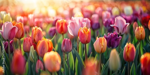 A field of colorful tulips in full bloom.  #769698436