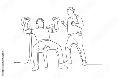 Seniors who are doing sports train their hands.Seniors Community one-line drawing
