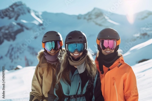 Three joyful women in ski helmets and vibrant goggles against snowy peaks.