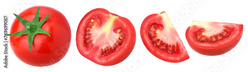 Tomatoes with leaves, half and piece tomato isolated, transparent PNG, PNG format, juicy