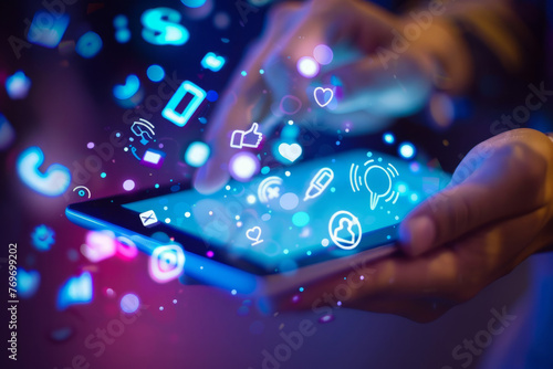 Male hands holding and touching the illuminated screen of a digital tablet with abstract communication icons on a blue background. Concept of social media