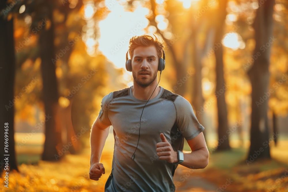 A determined young man with headphones enjoys a vibrant run in the park at sunrise, showcasing an active lifestyle. A determined young man with headphones enjoys a vibrant run in the park at sunrise, showcasing an active lifestyle.