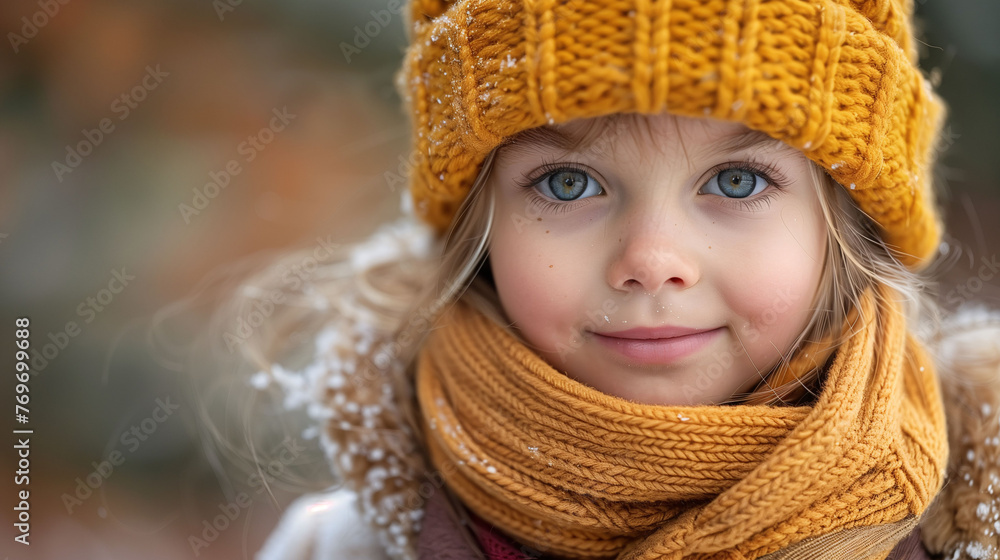 Portrait of a smiling young girl in a yellow knit hat and scarf, with a blurred autumn background. Portrait of a smiling young girl in a yellow knit hat and scarf, with a blurred autumn background.