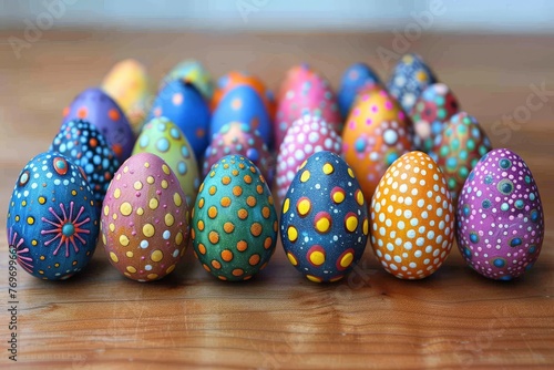 A dynamic and bold arrangement of Easter eggs with intricate patterns and dotted designs, symbolizing renewal and spring festivities photo