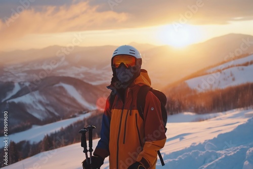 A skier stands enveloped in the golden light of sunset on a snowy mountain, his gaze fixed on the distant horizon, embodying the spirit of winter adventure.
