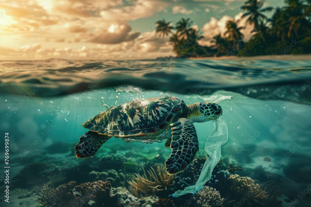 World ocean pollution, Turtle and plastic bags underwater. Generative AI World ocean pollution, Turtle and plastic bags underwater. Generative AI