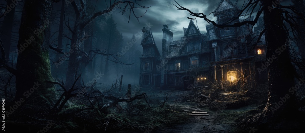 A haunted house surrounded by a dark forest under the electric blue sky at midnight, away from the city lights, with twisted twigs and eerie plants