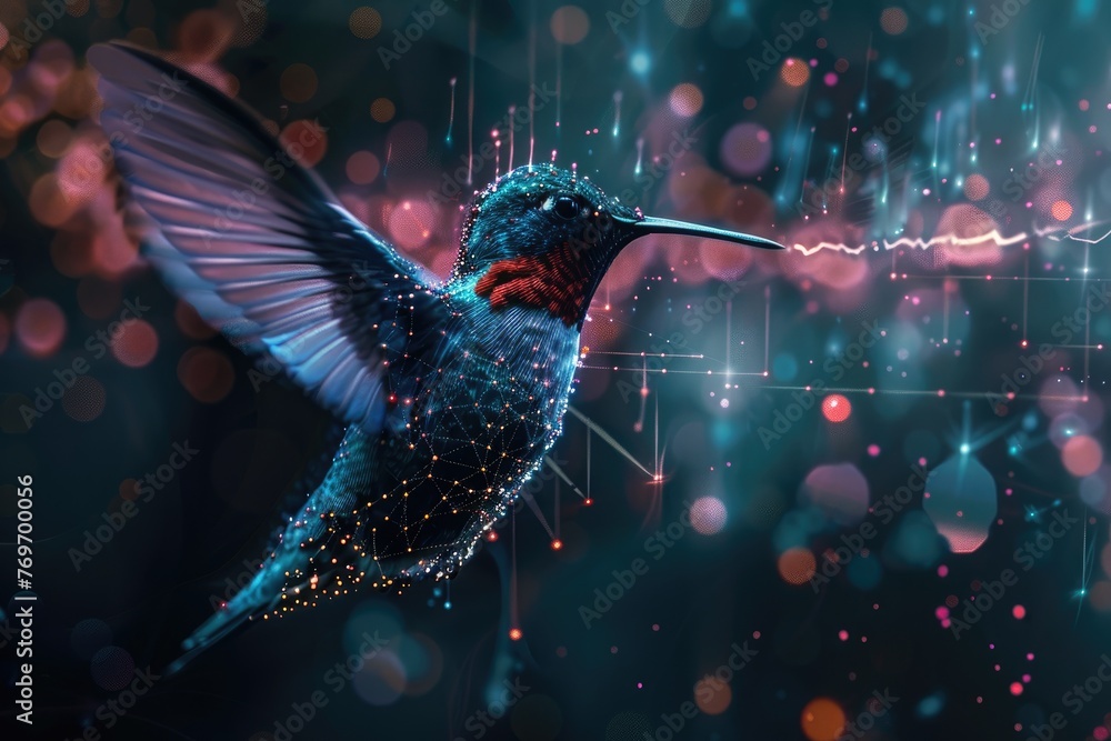 Naklejka premium Flying hummingbird with futuristic data transmission background