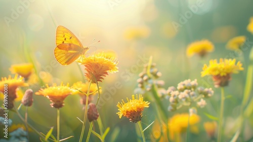Butterflies on wild yellow flowers in sunlight © Lubos Chlubny
