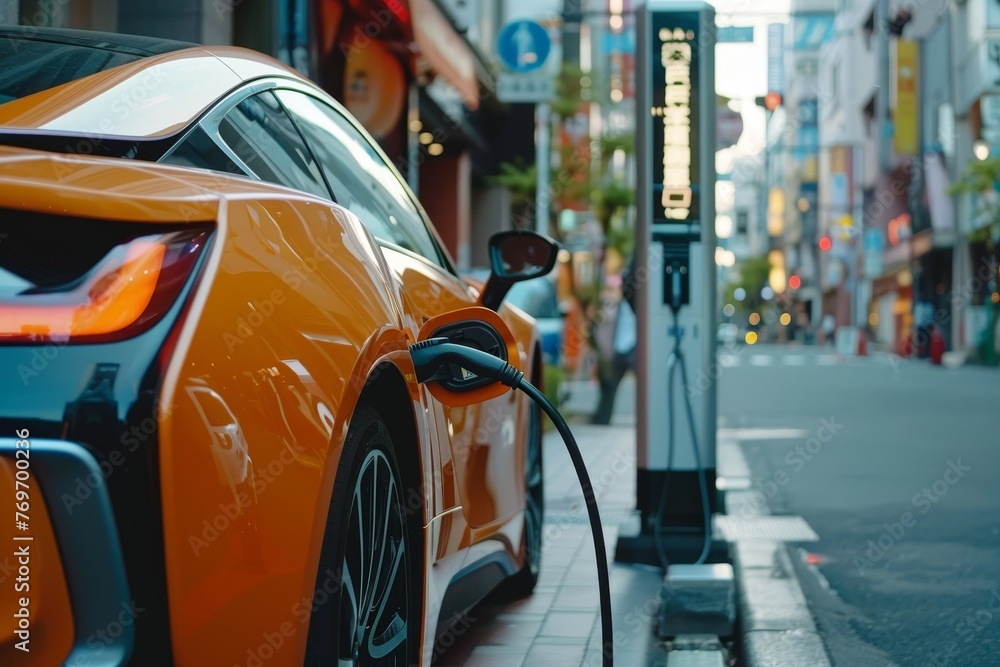 Electric vehicle charging at station with power cable infrastructure in urban city environment Electric vehicle charging at station with power cable infrastructure in urban city environment