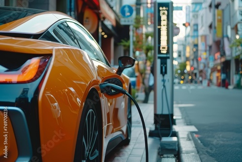 Electric vehicle charging at station with power cable infrastructure in urban city environment
