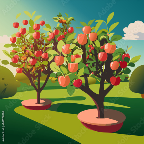 summer landscape apple orchard grden with green apple trees Vector illustration 10 eps