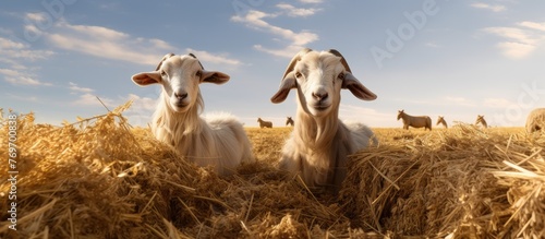 Two goats are grazing in a lush grassland under the open sky, with fluffy clouds drifting by. The goats are terrestial animals with snouts, typical livestock in this beautiful landscape photo