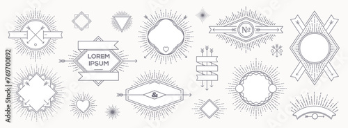 Set of outline heraldic emblems and  labels with sunburst rays. Vector illustration.