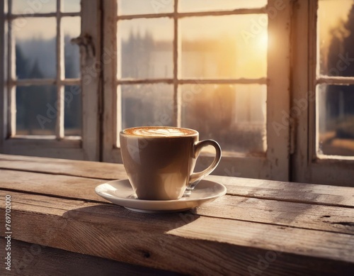 Xícara de café no balcão e janela 9
