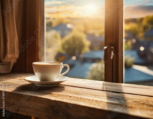 Xícara de café no balcão e janela 8