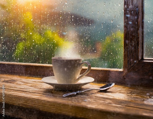 Xícara de café no balcão e janela 17