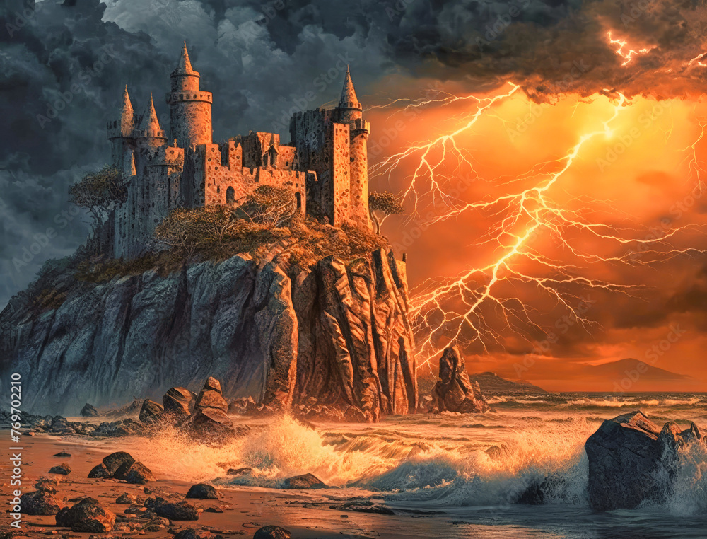 Medieval castle sunset sea and a thunderstorm with lightning.