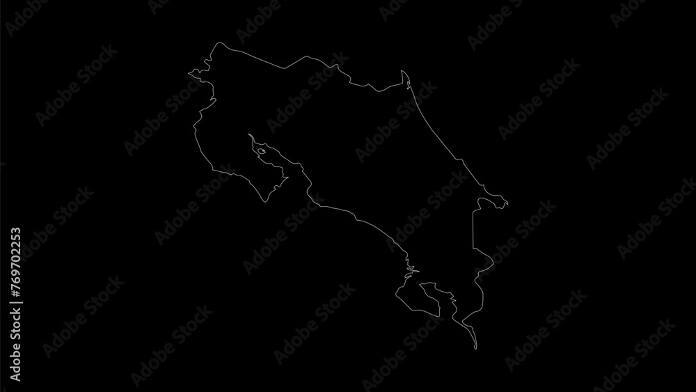Costa Rica map vector illustration. Drawing with a white line on a black background. Costa Rica map vector illustration. Drawing with a white line on a black background.