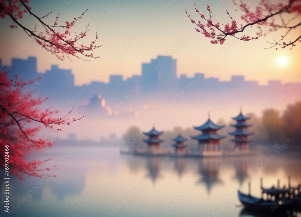 Dreamy Eastern Landscape Illustration: Tranquil Blur of Oriental Scenery