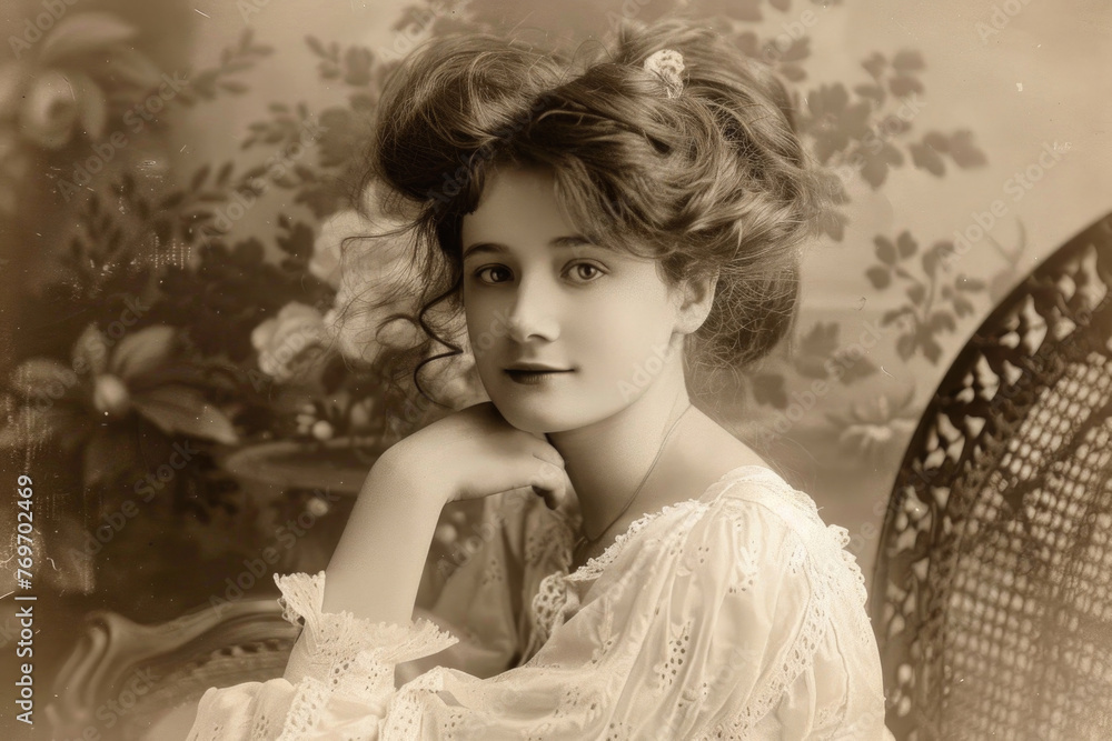 A vintage portrait of a young, beautiful woman from another era