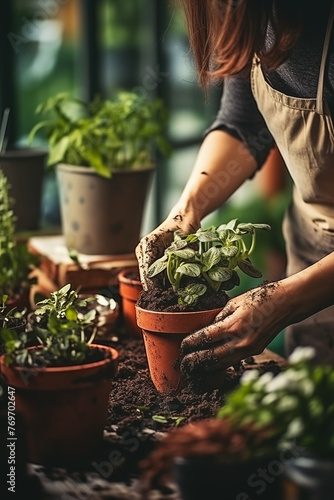 Planting seedlings in greenhouse. Gardening , flowers in garden. Gardening tools. Plants, seedlings in pots, sprouts. Earth day Green background.