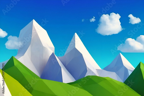Low poly geometric landscape. Mountains, clouds and blue sky