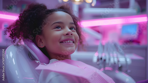Happy afro american child sitting in a modern dental chair. Colorful pediatric dentist office. Children's dentistry and oral health concept
