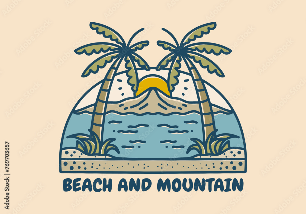 A vector design of palm trees on the beach with the sun shining in the background