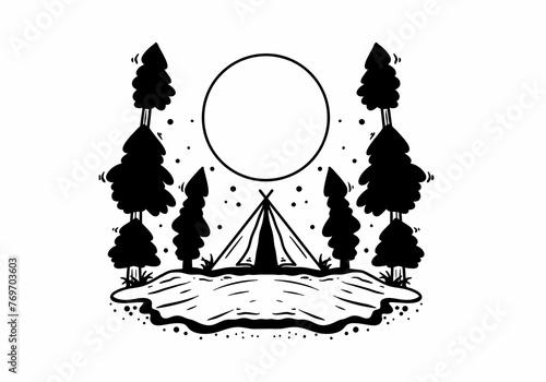 Logo of a black silhouette of a tent set against a backdrop of a mountain range and moon